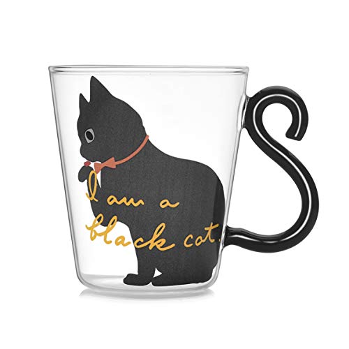 Taza de Agua, Taza de Agua de Cristal con Forma de Gatito, Taza con asa de Cola de Gato, Leche, té, café, Jugo de Fruta, Vasos, Oficina en casa, Regalos para Amantes de la Taza (Negro)