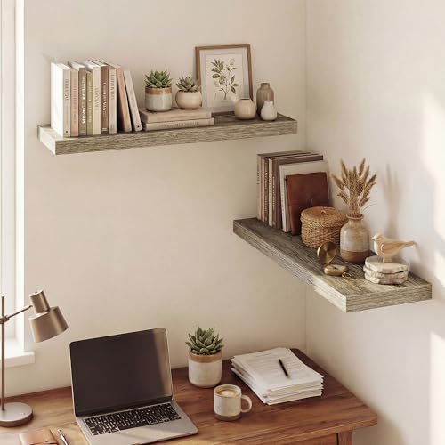 Image of Dreamland 32 Inches Floating Shelves for Wall, 9.3 inch Deep Long Floating Shelves Set of 2, Large Display & Storage Shelf, Wall Shelf for Bathroom Bedroom Living Room Kitchen Office, Grey