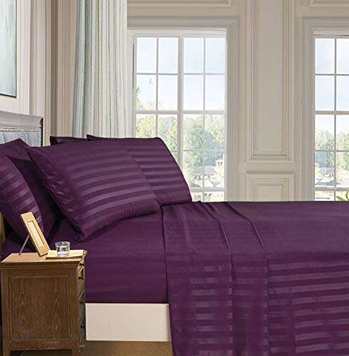 Elegant Comfort Softest and Coziest 4-Piece Sheet Set - 1500 Premium Hotel Quality Microfiber - Luxurious Wrinkle Resistant 4-Piece Damask Stripe Bed Sheet Set, Twin, Eggplant/Purple