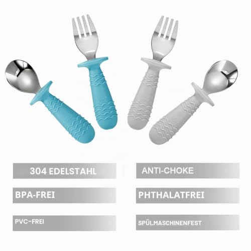Foto von PandaEar 4 Set Baby Kleinkind Silikon Edelstahl Utensilien Besteck Löffel Gabel für Baby Kleinkind BPA frei mit Silikonhalterung Anti-Choke Design (Blau&Grau)