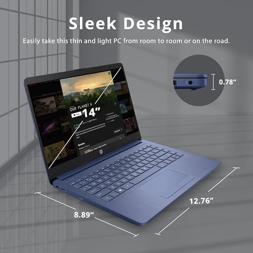 Image of HP 14 inch HD Laptop, Windows 11, Intel Celeron Dual-Core Processor Up to 2.60GHz, 4GB RAM, 64GB SSD, Webcam, Dale Blue (Renewed)
