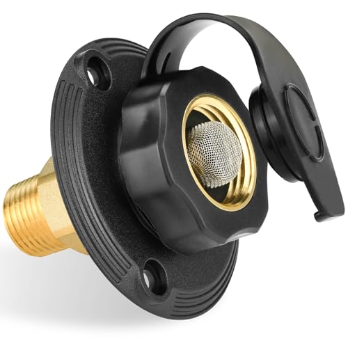 RV City Water Inlet with Brass Check Valve, Fresh Water Fill Flange for Camper Hookup, Durable RV Water Replacement Connection Fittings, Black