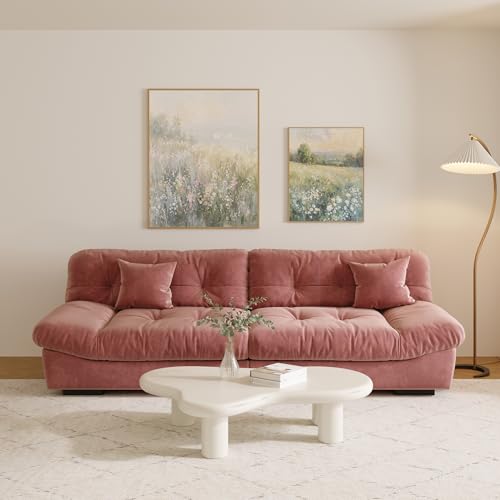 Cloud Modular Sectional Sofa,Scrub Velvet Minimalist Sofa Couch for Living Room, Curved Couch,Modern LoveSofa with 2 Pillows 3 Seater for Apartment Office Studio, Deep Seat Couches (Pink, 89inch)