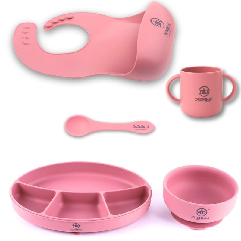 Silicone Feeding Set Including Baby Bib,Long Spoon,Open Handle Cup, Suction Base Oval Plate & Bowl for Toddler |Solid Cutlery Set|Easy Wipe Clean|Baby Weaning Sets (5 Pc), [Dark Red]-image-23