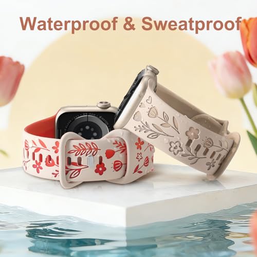 DGege Flower Band Compatible with Apple Watch Bands For Women 40mm 41mm 38mm 42mm 44mm 45mm 46mm 49mm,Cute Tulip Engraved Floral Silicone Dressy Strap for iWatch Series 11-1,For iwatch SE/Ultra 3-1 — view 6