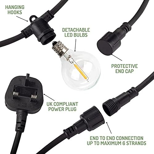 VALIANT Outdoor LED String Lights - 10m Length - Featuring 25 x E12 G40 Bulbs - Warm White