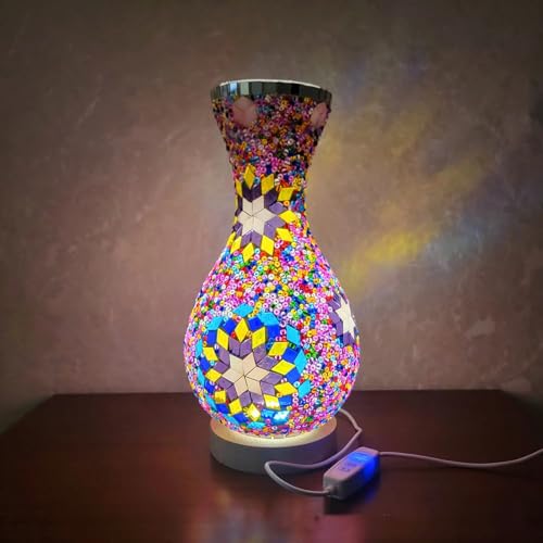 YUDIZWS Turkish Moroccan Style Table Lamp Handmade Mosaic Tiffany Bedside Lantern LED Cordless Orange Light for Home Decor,Metallic