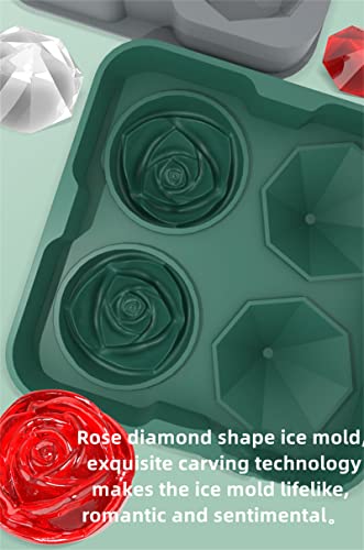 Kuangmeix Home Kitchen Large Ice Cube Tray Molds Rose Diamond Unique Design Porable Multifunction Storage Tray, 4 Cavity Rose Diamond Ice Ball Maker, Easy Release,Green #TOP3