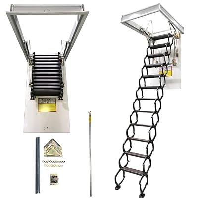 TECHTONGDA Pull Down Attic Ladder, Folding Ladder Loft Stair for Ceiling, 12 Steps 9.8ft Attic Stairs, Chocolate 31.5 x 35.4 Inch Retractable Attic Ladder, Carbon Steel Attic Steps Extension Ladder