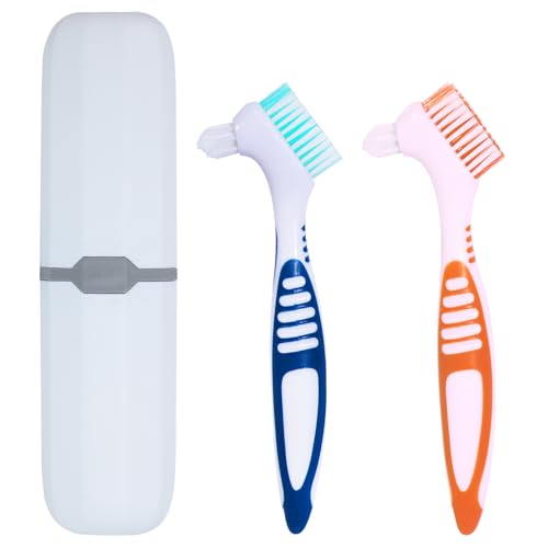 NUTLET 2Pcs Denture Brush False Teeth Toothbrush with 1 White Carrying Case, Effective Denture Cleaning Brush with Multi-Layered Soft Bristles,Orange and Blue