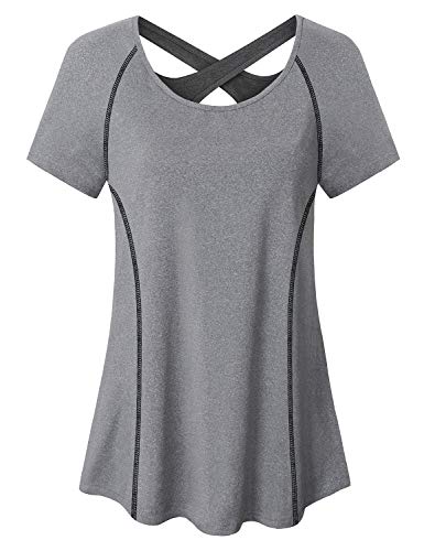 Workout Tops For Women Short Sleeve, Womens Round Neck Open Back Loose Fit Fast Dry Sports Hiking T Shirt Summer Casual Solid Athletic Yoga Tunic Simple Daily Athleisure Wear Grey Xl #TOP26