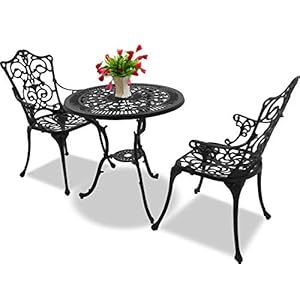 Homeology TABREEZ Garden & Patio Table & 2 Large Chairs with Armrests Cast Aluminium Bistro Set – Black