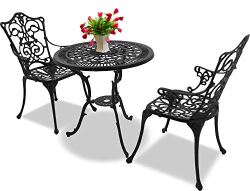 Homeology TABREEZ Garden & Patio Table & 2 Large Chairs with Armrests Cast Aluminium Bistro Set - Black