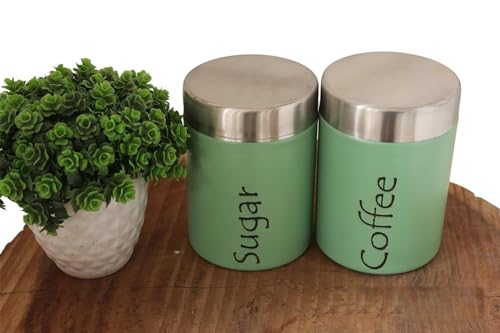 Image of Tea and Sugar Container Set of 2 - Steel Storage Jars (Coffee Sugar, Green)