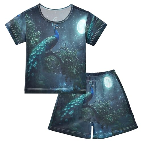 ALAZA Blue Green Peacock Moon Pajamas Set Short Sleeve Cotton Sleepwear Summer Pjs 2 Piece 5-14Y