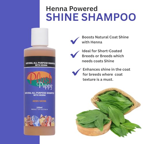 Image of PLUSH PUPPY Shampoo for Cats and Dogs - Ideal for Short Coated Breeds, Enhances Shine, Maintains Skin Health, Paraben Free, No Artificial Fragrance, All Purpose Pet Shampoo with Henna (250 ml)