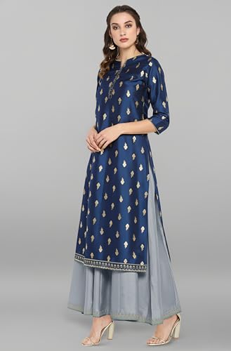 Image of Janasya Womens Silk Blend Gold Printed Layered Ethnic Dress with Inner