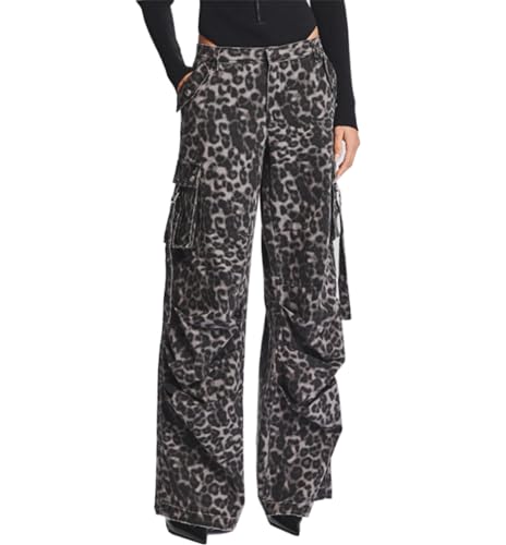Women's Leopard Print Cargo Jeans Casual Loose High Waist Wide