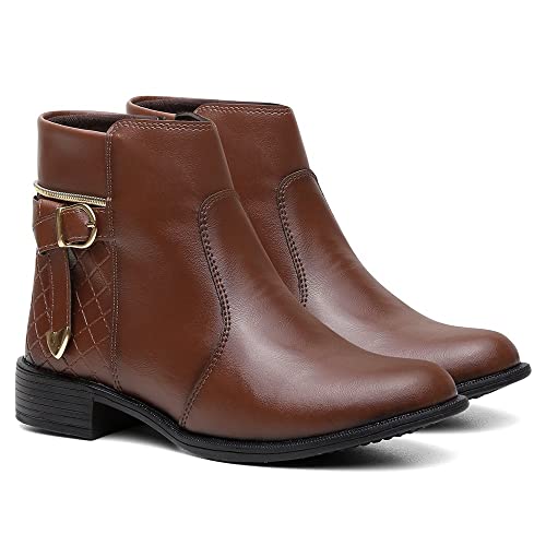Bota Feminina Salto Baixo Cano Curto Zíper Lateral Casual Confort - Café/35