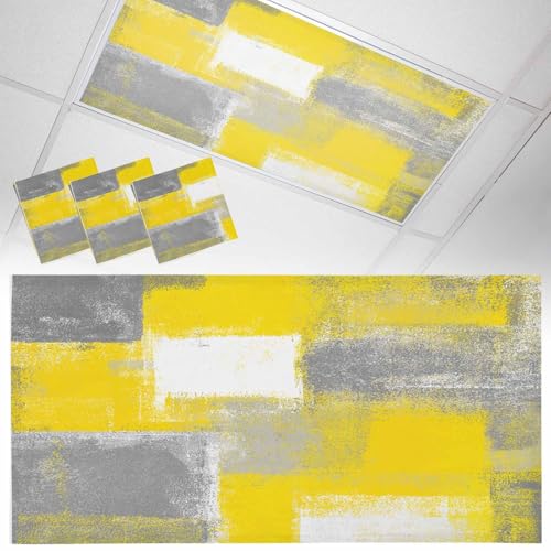 Wowouhiya 3 Pack Fluorescent Light Cover for Ceiling Lights, Yellow Grey Magnetic Classroom Light Filters 4x2 Feet, Rustic Mottled Oil Painting Abstract Texture Decorative Ceiling Shade Panel
