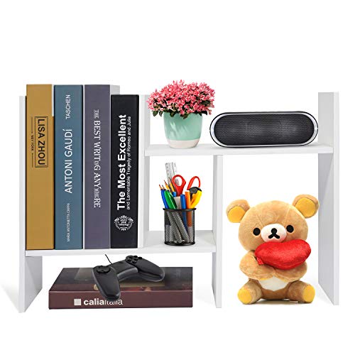 Hossejoy Desktop Organizer Office Storage Rack Adjustable Wood Desk Organizer Display Shelf, Countertop Bookcase Desktop Bookshelf- Free Style Double H Display, White #TOP7