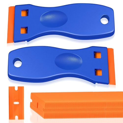 2PCS Plastic Scraper Tool Set with 100 Replaceable Non-Metal Scraping Edges Adhesive & Sticker Remover Cleaning Kit for Glass Window Car Floor & Kitchen Surfaces