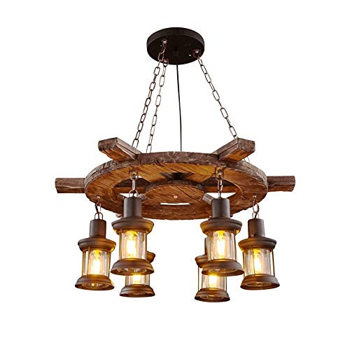 Chandelier rétro farmhouse en bois sombre et grand cadre métallique à suspension