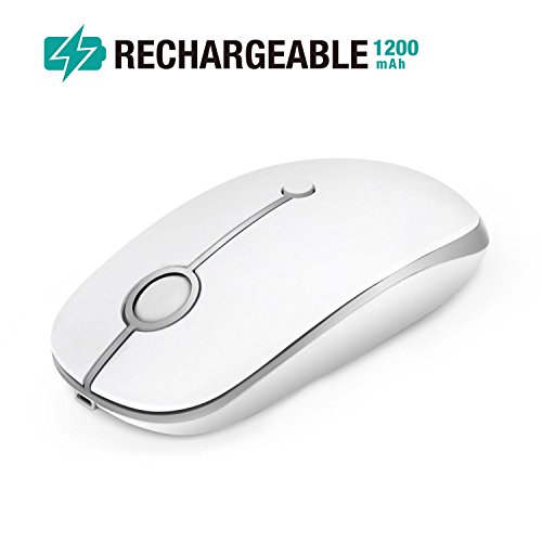 Rechargeable Wireless Mouse, Jelly Comb 2.4G Slim Optical Mice - Less Noise, 3 Adjustable DPI, Portable Mobile Wireless Mouse for Notebook, PC, Laptop, Computer, MacBook (White and Silver)