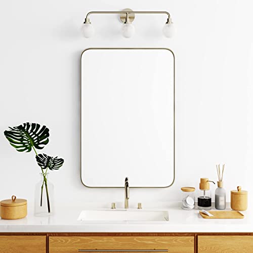 Groltsdein Modern Bright Gold Bathroom Vanity Mirror (24"X 36"), Farmhouse Champagne Gold Mirror For Wall, Sleek Metal Frame Rectangle Mirror For Bathroom With Rounded Corners #TOP24