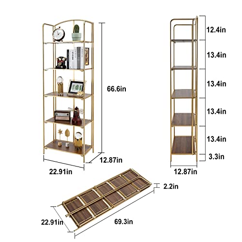 Crofy No Assembly Folding Bookshelf, 5 Tier Gold Metal Book Shelf For Storage, Bookcase Office Organization And 12.87 D X 22.91 W 69.29 H Inches #TOP2