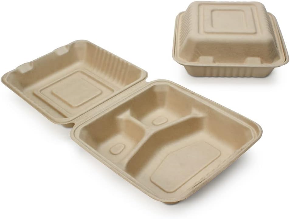 100% Compostable Disposable Food Containers with Lids [8”X8” 3-Comp 200 Pack] Eco-Friendly Take-Out TO-GO Containers, Heavy-Duty, Biodegradable, Unbleached by Earth's Natural Alternative