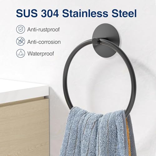 Image of iSTAR Self Adhesive Bathroom Towel Ring Stainless Steel | Wall Mounted Round Towel Holder for Hand Towels, Wash Basin & Kitchen Use (Black)