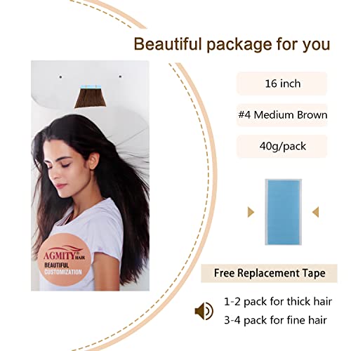 AGMITY Tape in Hair Extensions 100% Real Human Hair Chocolate Brown 16 inches 20pcs 40Gram Invisible Straight Thick Tape in Human Hair Extensions(16 inches #4 Medium Brown) - Image 4