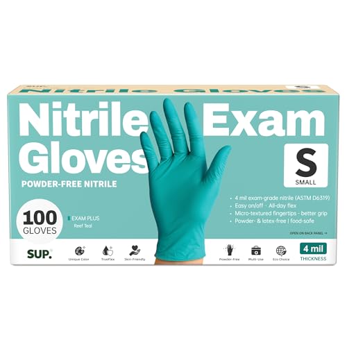 SUP Exam Plus® Nitrile Gloves, Powder-Free Disposable, Teal 100 Count (S)