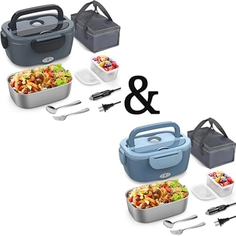 Vingud Electric Lunch Box, 2-Set Heated Lunch Box for Adults, 12V 24V 110V Portable Heating Lunch Box for Work/Car/Truck with Fork Spoon and Removable Stainless Steel Container, Black Gray + Blue Cover