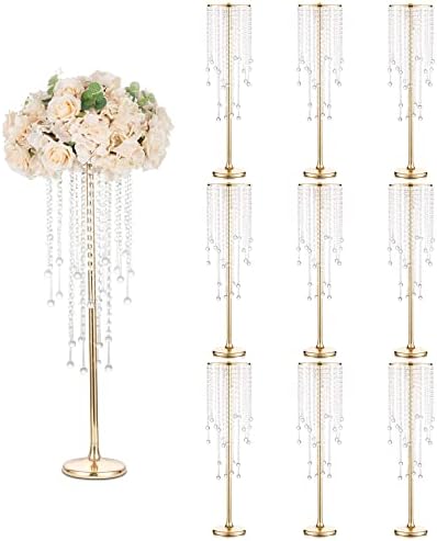 Sziqiqi 2 Pcs Gold Tall Vases for Wedding Centerpiece - 75cm Metal Flower Crystal Centerpieces Stand with Crystal Beads for Event Party Reception Center Piece Floral Arrangements