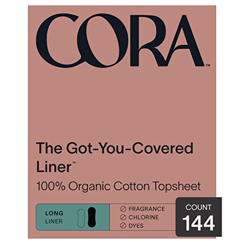 Cora Period Liners | 100% Organic Cotton Topsheet | Ultra Thin, Quick Absorbency | Hypoallergenic | Dermatologically Tested | Unscented, No Wings (144 Long Liners) #TOP20