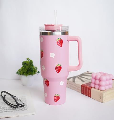 Image of 1200ML Stainless Steel Tumbler Hot and Cold with Handle and Lid and 2 Straws, Double Insulated Cup Leak Proof Mug Cupholder for Gym, Travelling (Pink)