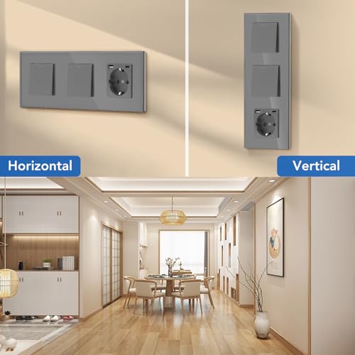 BSEED Lichtschalter mit Steckdose 1 Fach 1 Weg,Doppel Wandschalter mit 16A Schuko Steckdose mit USB Anschluss (Max. 2.1A) Typ C Port Grau, Physische Taste Schalter mit Steckdose- 228mm