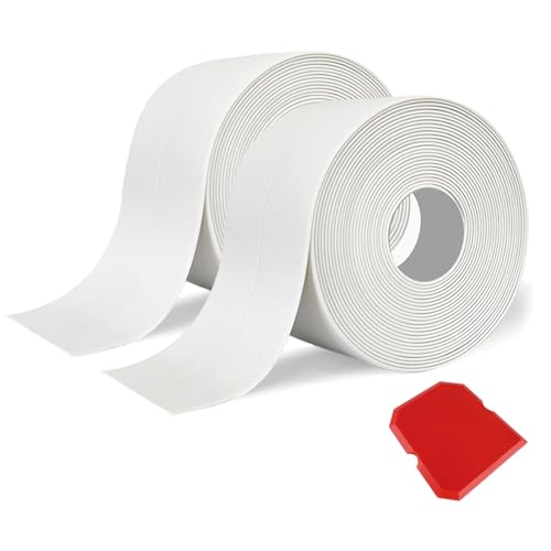 2 Rolls Bath Sealant Strip - Self-Adhesive Waterproof Caulk Strip Tape for Bathroom, Shower, Bathtub, Toilet, Sink & Kitchen with Sealing Tool - White Bathroom Sealant Tape for Wall & Floor Corners