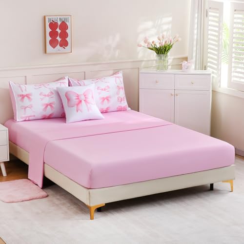 Image of DORCAS Bow Full Size Comforter Set for Girls,6 Pieces Bed in A Bag Pink Bow Bedding Sets with Sheets for Kids