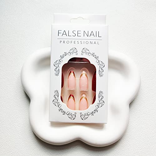 Red Press On Nails Medium Fake Nails Almond Shape Acrylic Nails French Tip False Nails With Gold Glitter Design Full Cover Glossy Artificial Nails Glue On Nails Stick On Nails For Women Girls 24Pcs #TOP3
