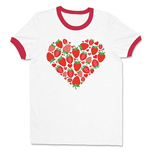 Strawberry Heart Ringer Tee Shirt Unisex Large White/Red