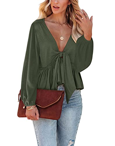 Fanway&EC Women's Long Sleeve V Neck Blouses Babydoll Tie Front Shirts Ruffle Hem Casual Crop Tops Army Green
