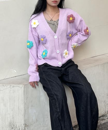 Image of Plus Size Sweaters for Wommen Cardigan Long Sleeve Sweatershirt Button up Colorful Flowers Cute White Tops Coat Fall Winter Oversize XL