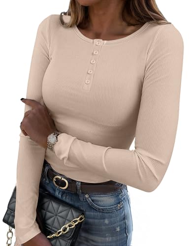 Zeagoo Crew Neck Long Sleeve Top for Ladies Blouses Business Casual Shirts Basic Rib Knit Fitted Tee Work Clothes Light Khaki