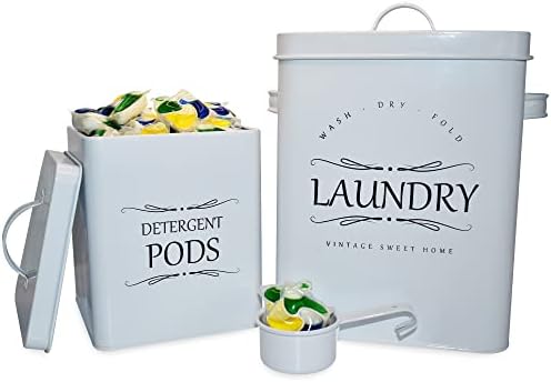 Meraki Home Laundry Detergent Metal Container and Pods Bin Holder - Farmhouse Canisters for Room Organization and Decor - Lidded Storage Jars - Detergent Scoop Included (Glossy White)