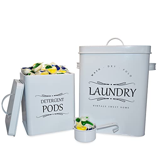 Meraki Home Laundry Detergent Metal Container And Pods Bin Holder - Farmhouse Canisters For Room Organization And Decor - Lidded Storage Jars - Detergent Scoop Included (Glossy White) #TOP20