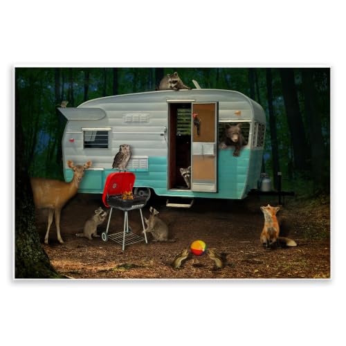 RV Camping Woodland Wildlife, 13 x 19 Inch Mounted Print on Wall Plaque