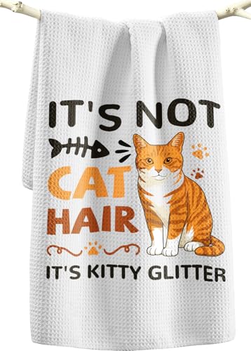 Miss Adola Cat Funny Kitchen Towels - 15x28 Inch Decorative Waffle Microfiber Dish Cloths Cute Absorbent Reusable Hand Tea Towels with Hanging Loop Orange Tabby Cats Gift for Cat Lovers